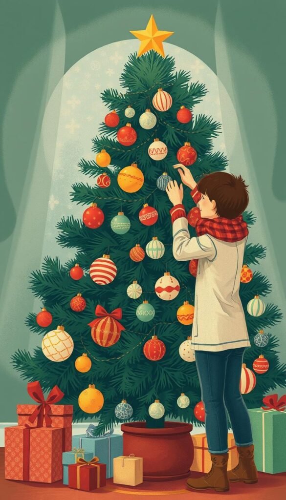 Generate an image of a person decorating a Christmas tree with vintage-inspired ornaments.