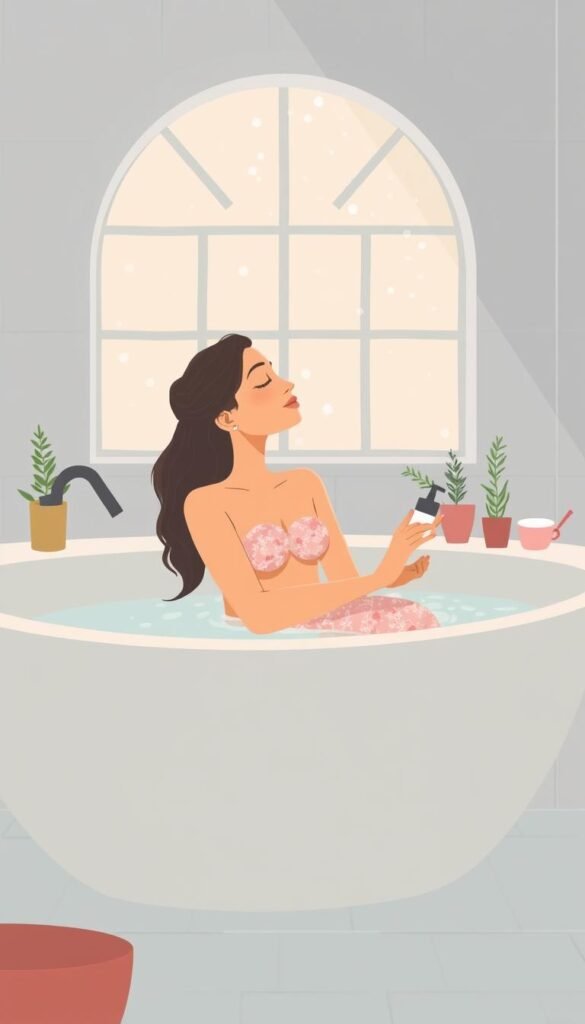 Generate an image of a person enjoying a relaxing bath with a Pink Himalayan & Rosemary Salt Scrub