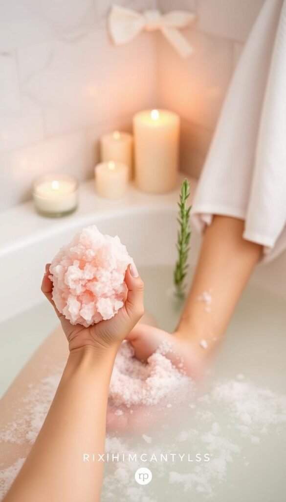 Generate an image of a person exfoliating with the Pink Himalayan & Rosemary salt scrub in a relaxing bath setting.