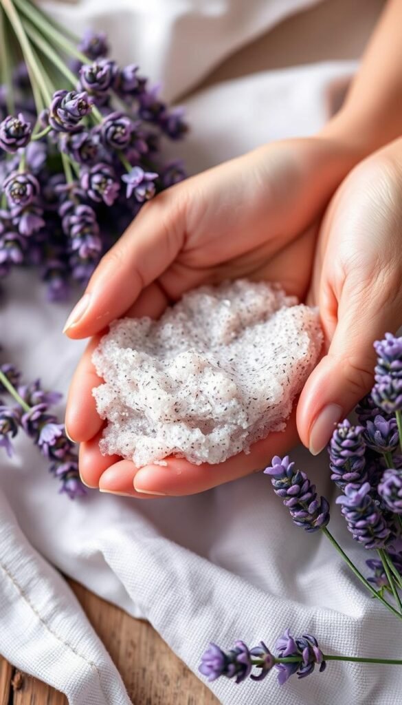 Generate an image of a person gently scrubbing their hands with a homemade lavender hand scrub