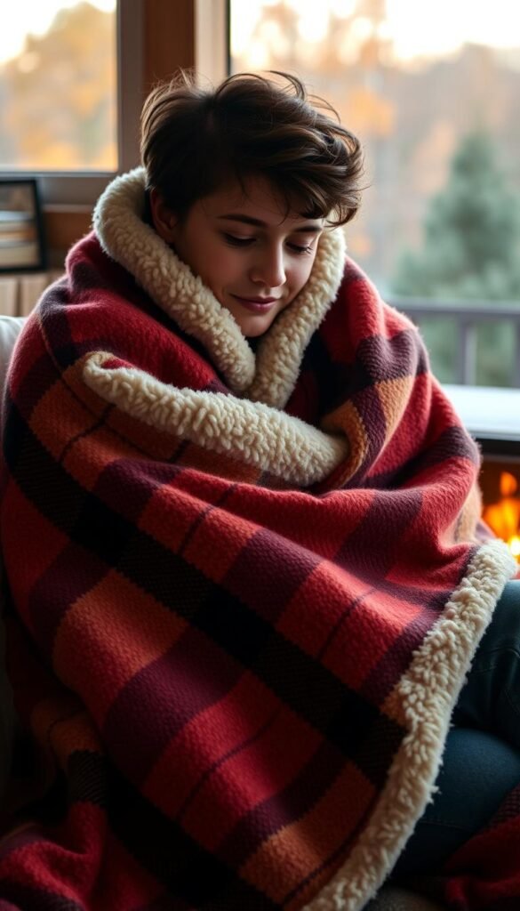 Generate an image of a person holding a sherpa-lined flannel blanket.