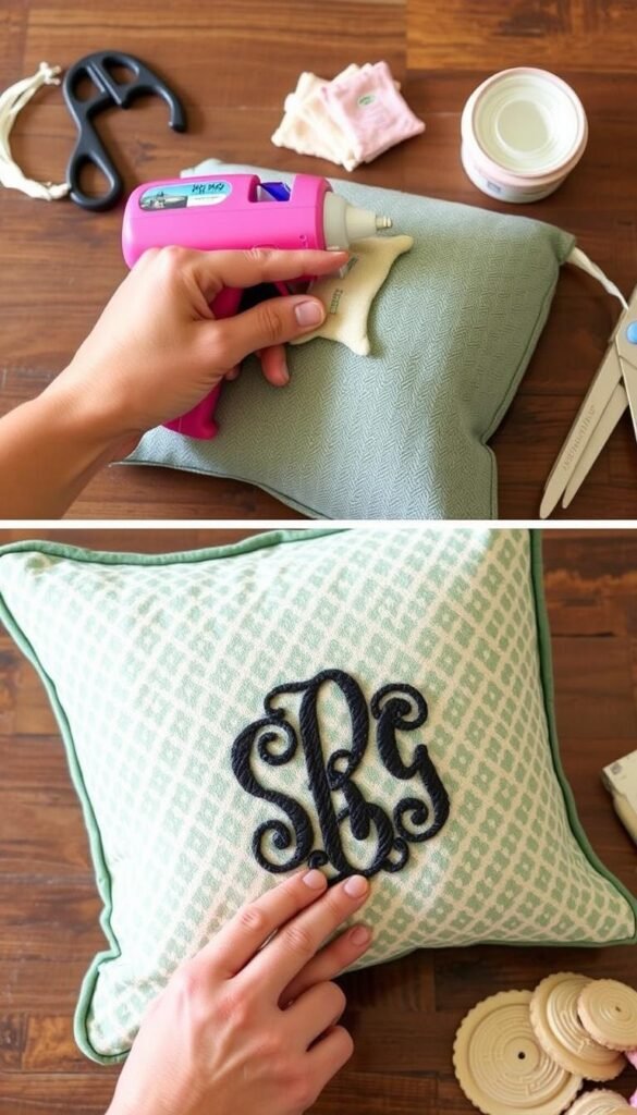 Generate an image of a person placing a monogrammed letter on a pillow using a hot glue gun.