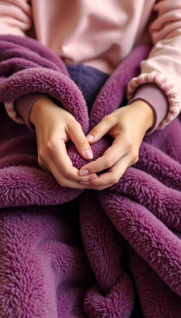 Generate an image of a person tying the frays of two fleece blankets together.