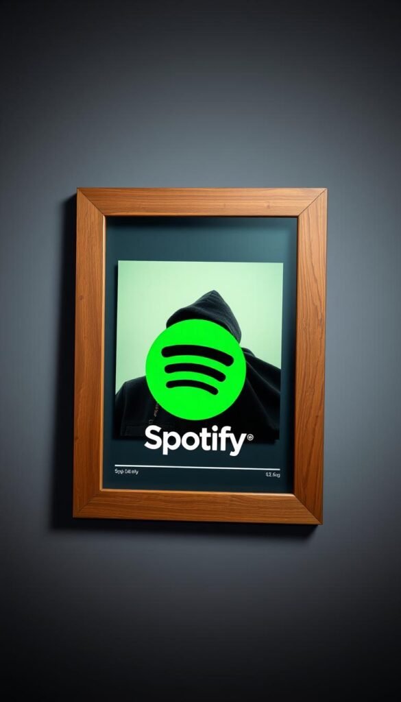 Generate an image of a picture frame with a Spotify album cover glued onto the glass, with some creative touches to resemble the Spotify interface.