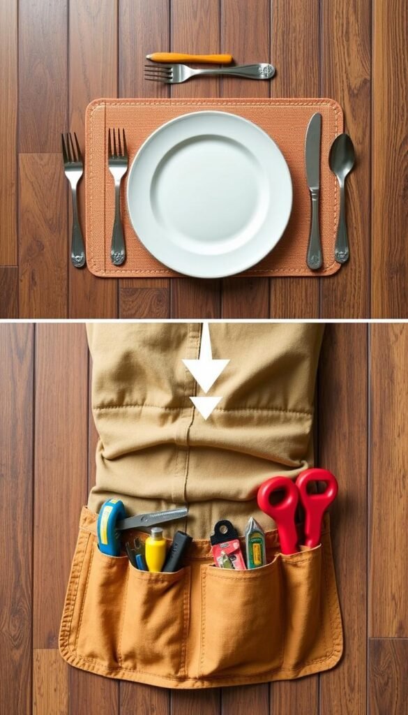 Generate an image of a placemat being transformed into a tool belt.