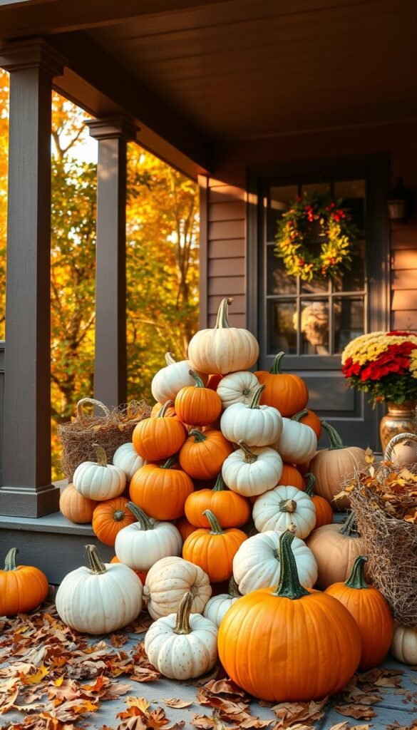 Generate an image of a porch with a pyramid of orange and white pumpkins.