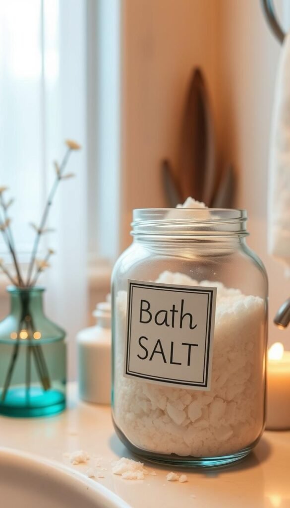 Generate an image of a serene bathroom with homemade bath salts in a decorative jar.