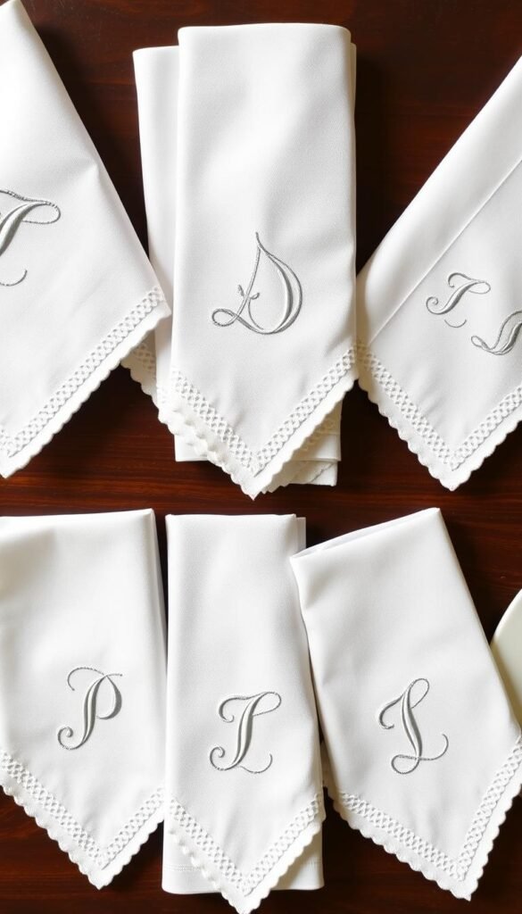 Generate an image of a set of custom embroidered napkins with a person's initials.