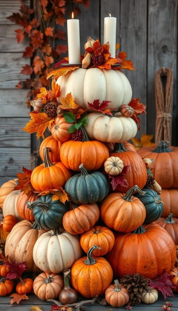 Generate an image of a stacked pumpkin arrangement with various decorative elements.