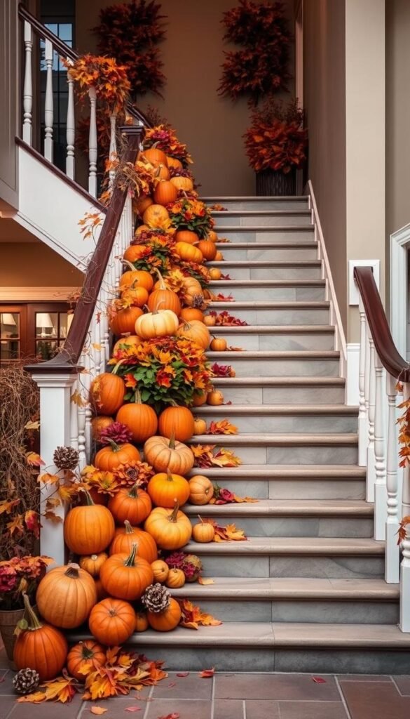 Generate an image of a staircase decorated with a cascade of pumpkins and fall foliage.