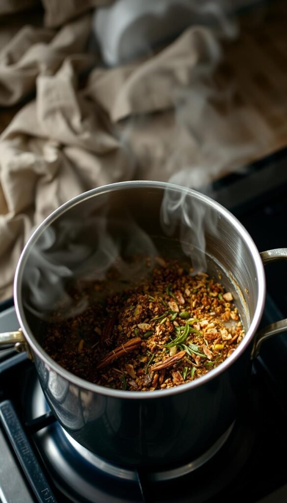 Generate an image of a stovetop simmering pot jar with a fragrant mixture