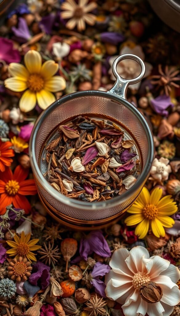 Generate an image of a tea infuser with a custom tea blend, surrounded by dried flowers and herbs.