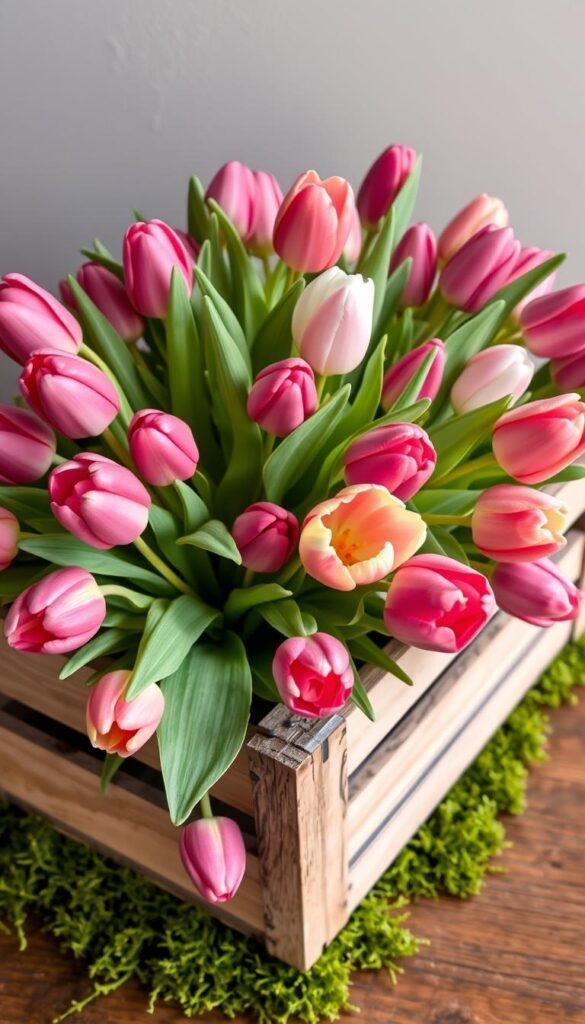 Generate an image of a wooden crate filled with artificial tulips and decorative moss.