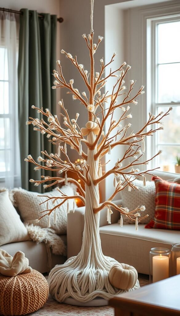 Generate an image of a yarn tree decoration in a living room.