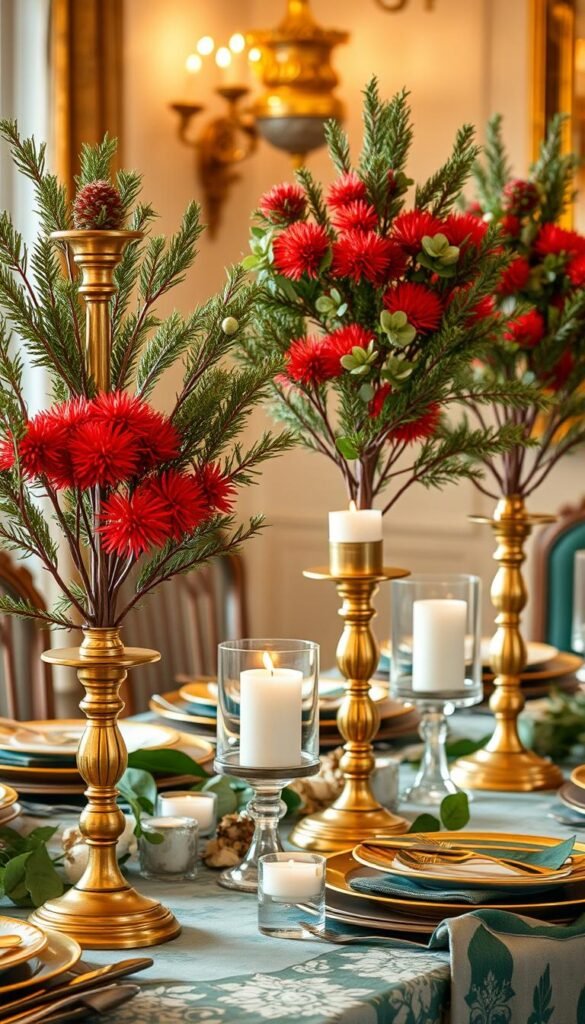Generate an image of bottlebrush trees arranged in brass candle sticks on a decorative table.