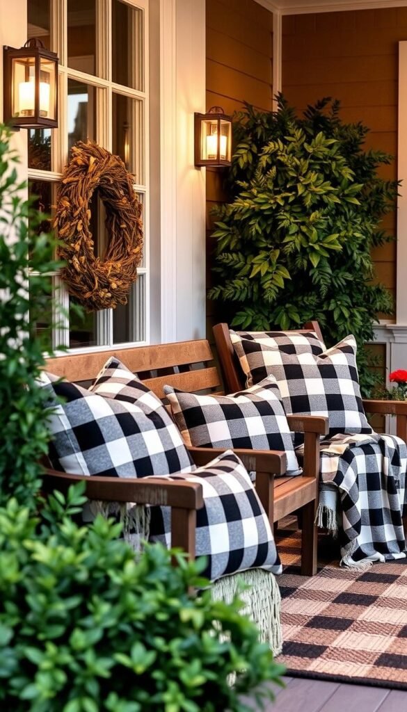 Generate an image of buffalo check pillows and throws on a porch.