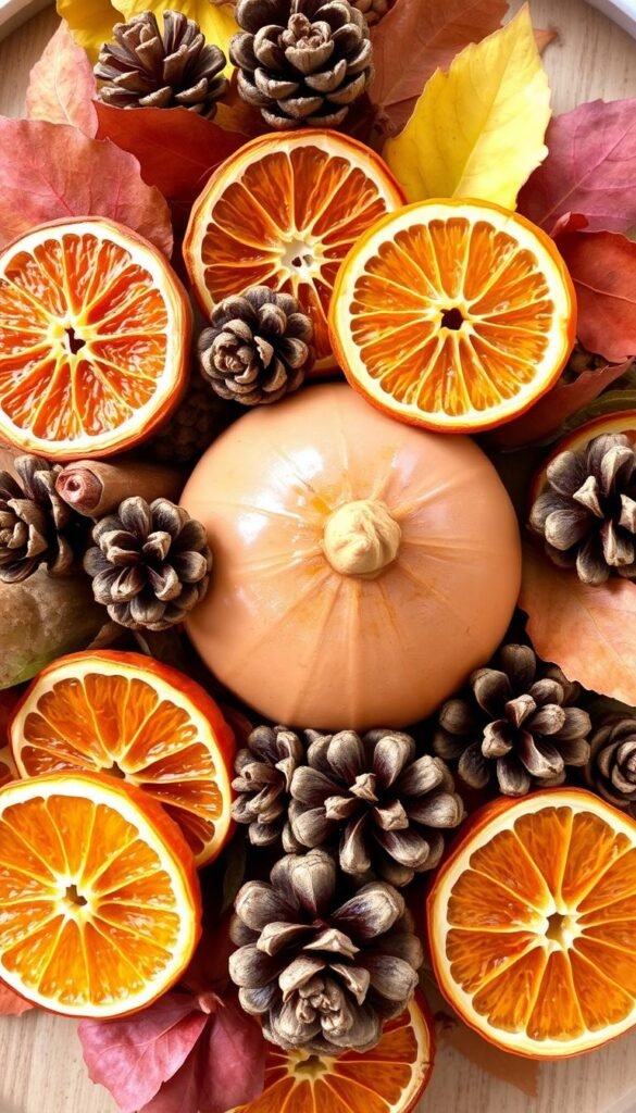 Generate an image of dried orange slices used in a fall centerpiece.