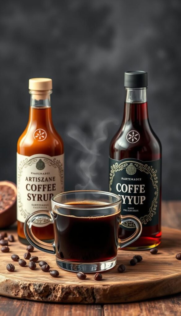 Generate an image of homemade coffee syrups in decorative bottles with a coffee cup.