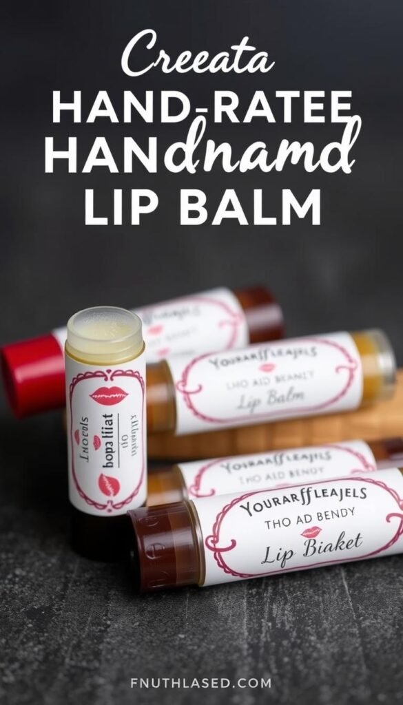 Generate an image of homemade nourishing lip balm in lip balm tubes with custom labels.