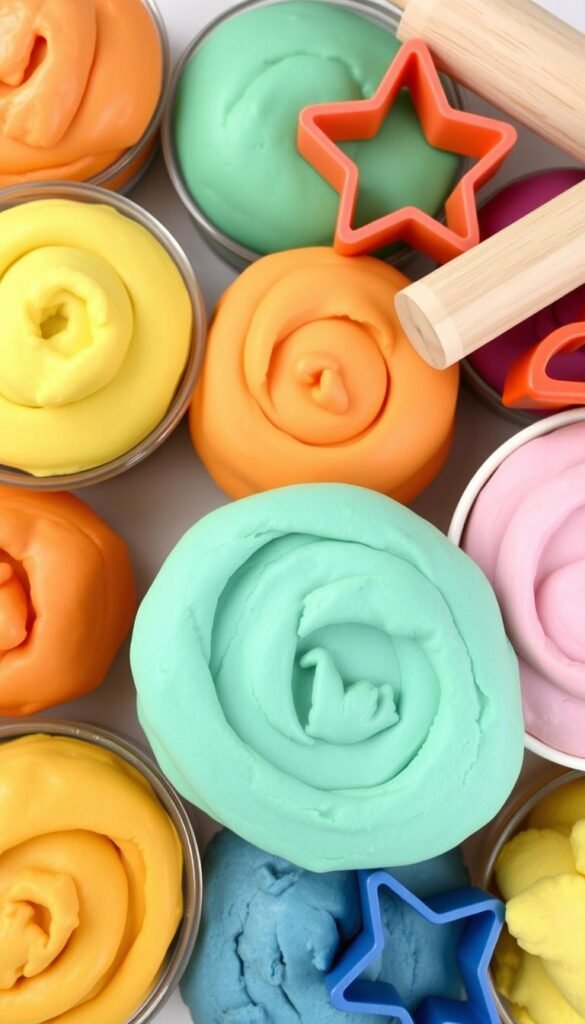 Generate an image of homemade play dough in various colors, packaged in decorative containers with cookie cutters and rolling pins.