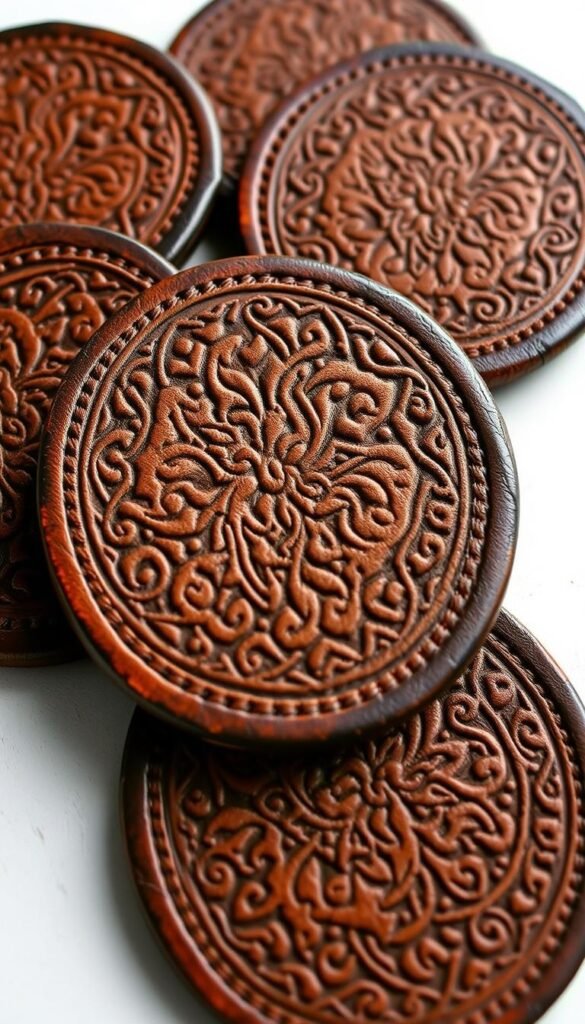 Generate an image of leather coasters with a stamped design.