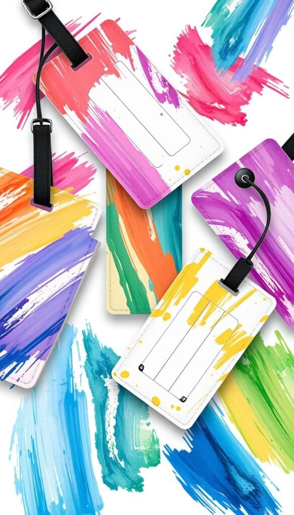 Generate an image of painted luggage tags with a brushstroke design.