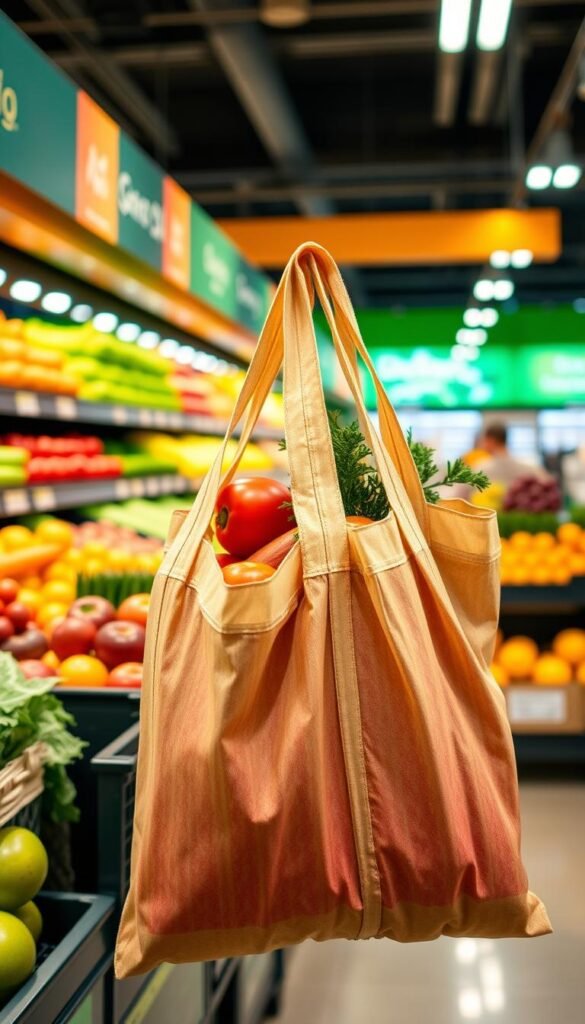 Generate an image of reusable produce bags being used for grocery shopping.