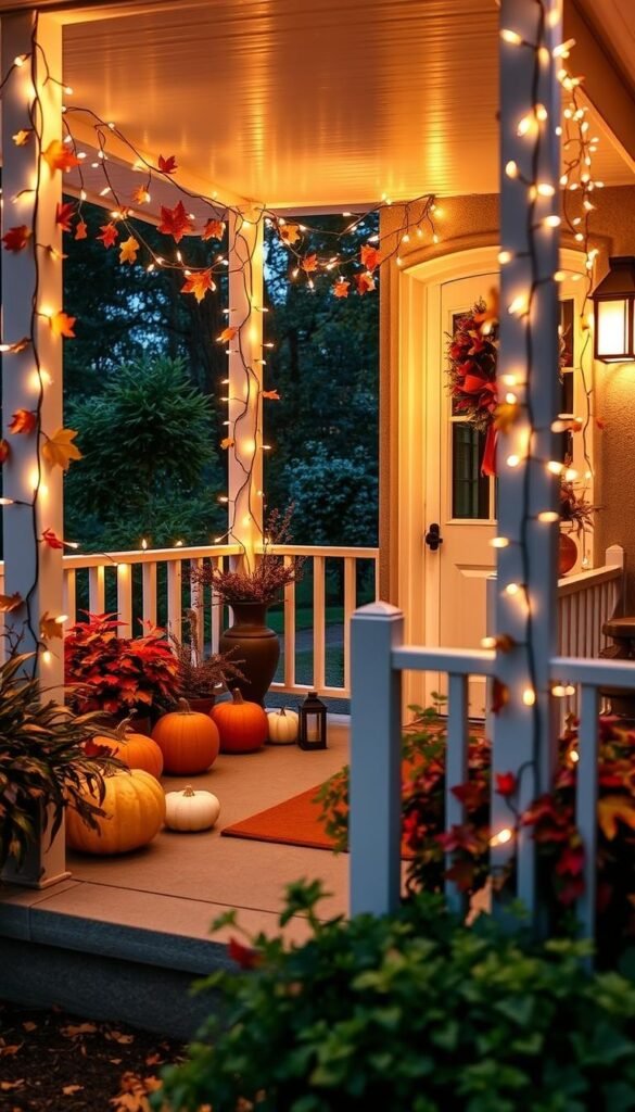 Generate an image of string lights woven through porch railings with fall decorations.