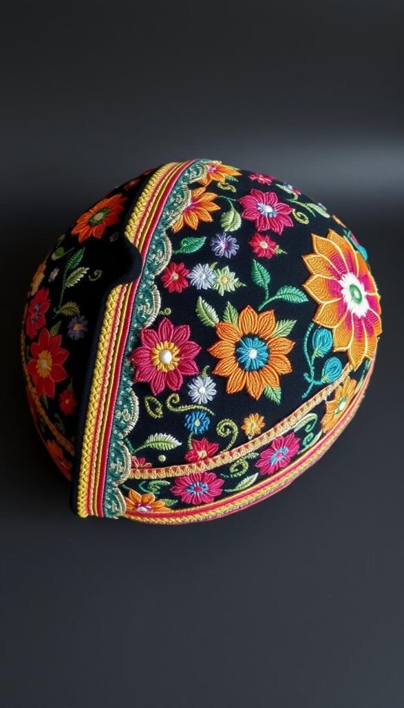 Hand-embroidered beret with intricate designs