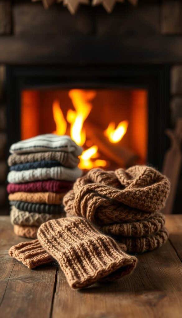 Handmade winter accessories in a cozy, rustic scene. In the foreground, a pair of hand-knitted mittens and a scarf in warm, earthy tones sit on a wooden table. Behind them, a stack of neatly folded handcrafted hats and scarves in a variety of patterns and textures. In the background, a crackling fireplace casts a soft, golden glow, creating a inviting and comforting atmosphere. The lighting is soft and diffused, with a slight vignette effect to draw the eye inward. The overall mood is one of homemade charm and wintertime comfort.