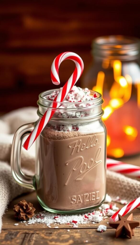 Homemade hot cocoa mix in a mason jar with a candy cane on top