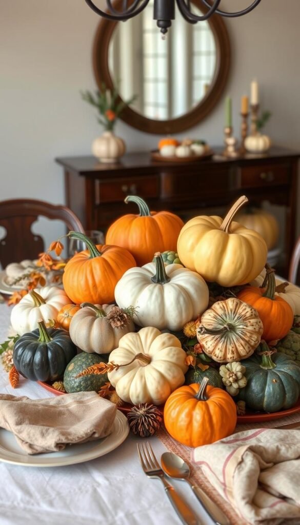 Image of a beautifully arranged pumpkin and gourd centerpiece on a dining table