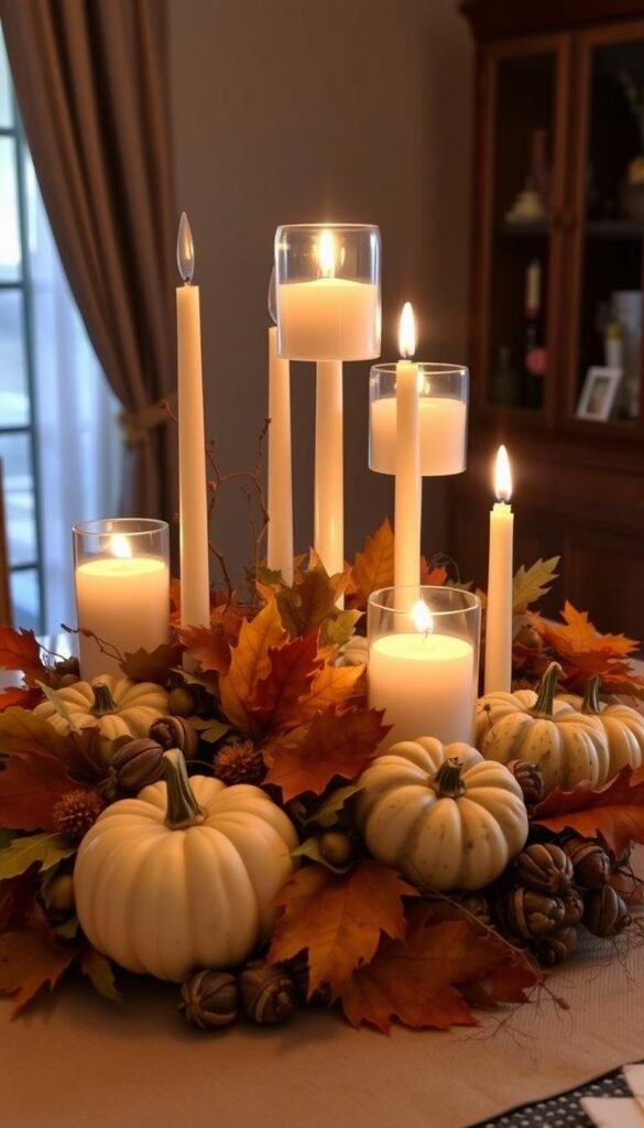 Image of a beautifully lit fall centerpiece with candles and seasonal elements