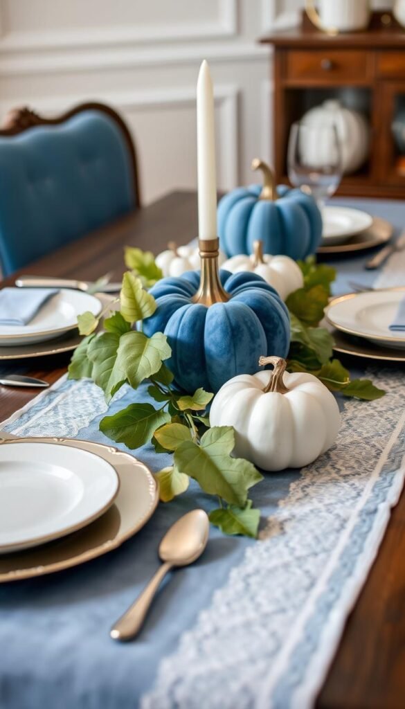 Image of a beautifully set blue and white fall table with a table runner, white dishes, and blue velvet pumpkins.