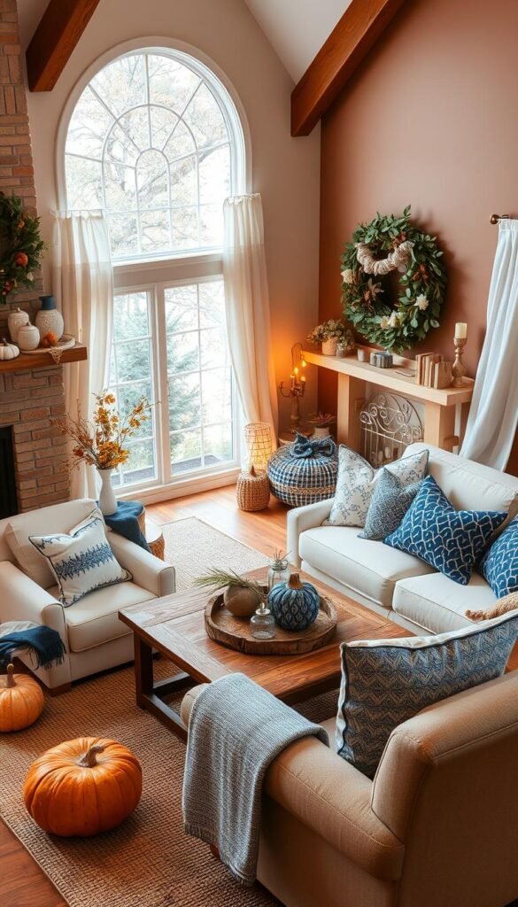 Image of a cozy living room decorated with blue and white fall decor