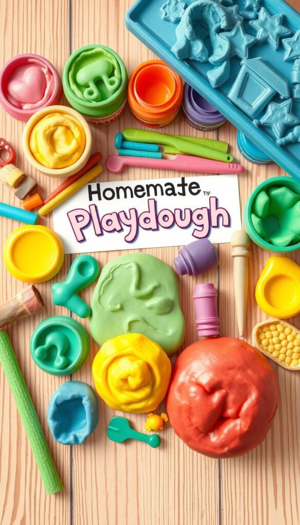 Image of a homemade playdough kit with different colors and tools