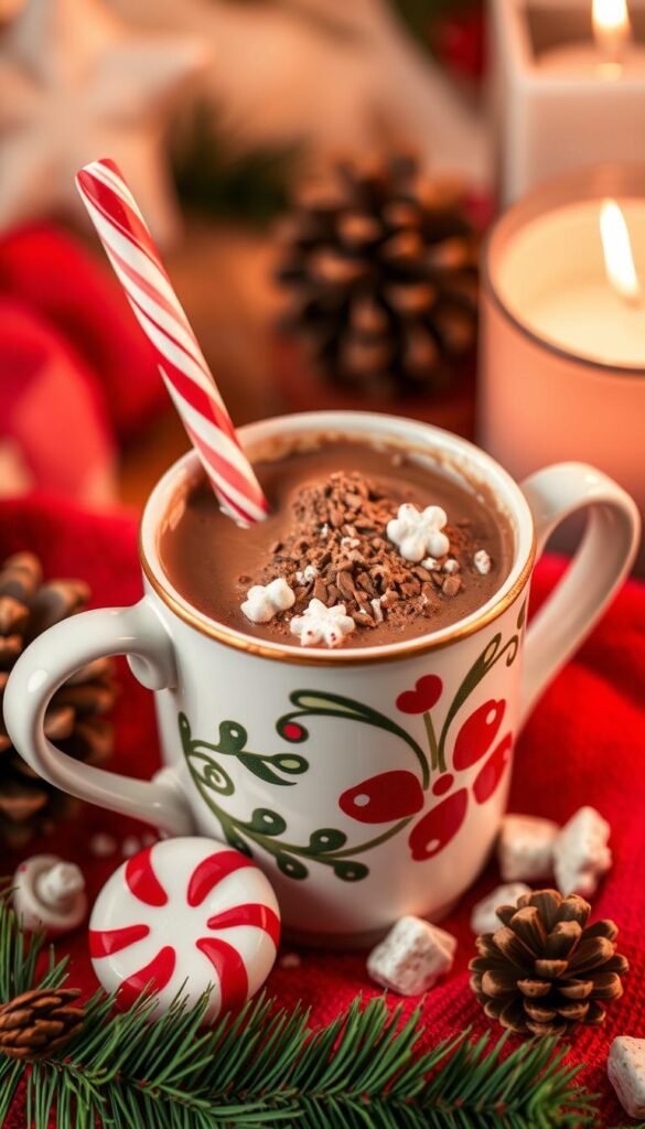 Image of a hot cocoa mix with peppermint spoons in a decorative mug