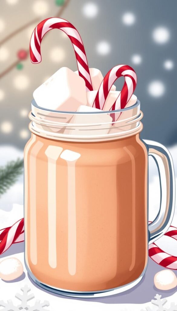 Image of a jar filled with hot cocoa mix, topped with marshmallows and a candy cane.