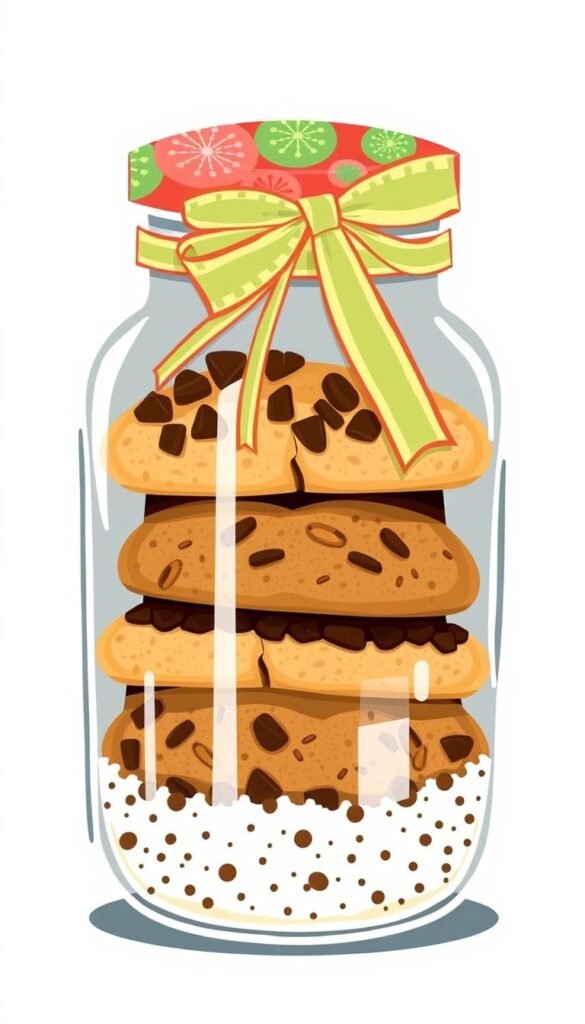 Image of a jar filled with layers of cookie mix ingredients, topped with a decorative lid and a ribbon.