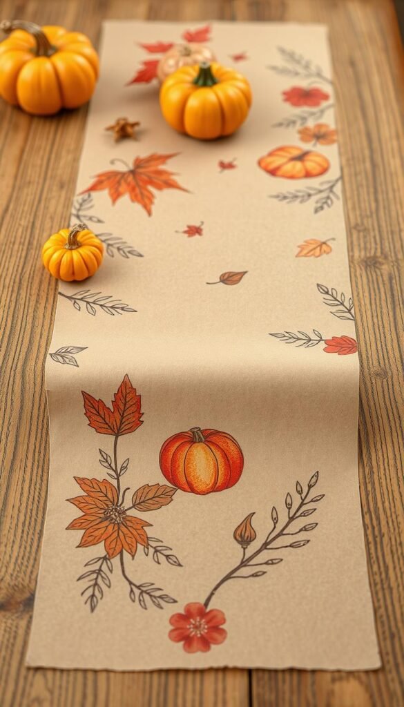 Image of a kraft paper table runner with hand-drawn fall elements