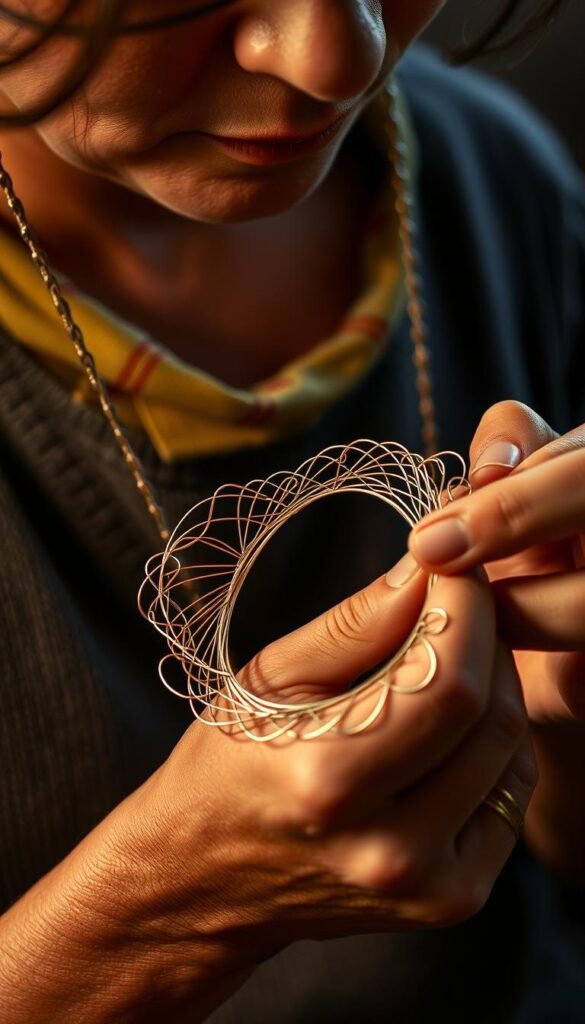 Image of a person making a statement wire necklace