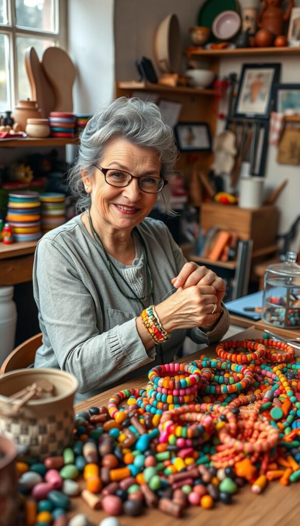 Image of a person making clay bead bracelets