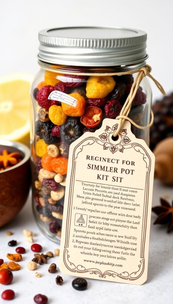 Image of a simmer pot kit, including a jar filled with dried fruits and spices, and a tag with instructions.