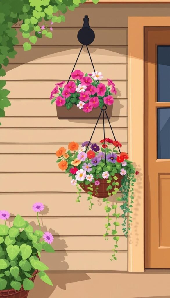 Image of a small porch with a wall-mounted planter and hanging basket