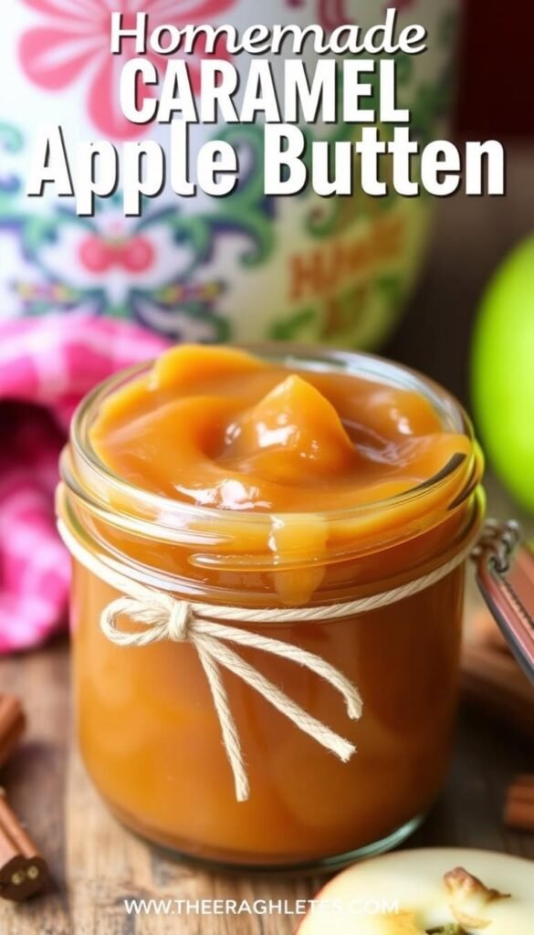 Image of crockpot caramel apple butter in a decorative jar