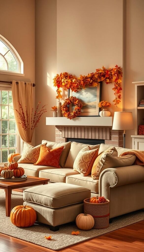 Imagine a cozy living room with warm fall decor
