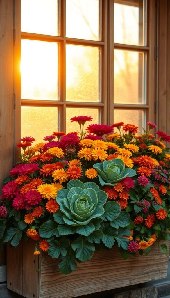 Lush, autumnal window box overflowing with vibrant foliage and seasonal blooms. Colorful mix of mums, marigolds, and ornamental kale spilling over weathered wooden planter against a backdrop of warm, golden hour light filtering through a frosty window pane. Rustic, cozy vignette capturing the essence of fall's changing palette. Soft, diffused lighting casts gentle shadows, evoking a sense of tranquility and harvest-time charm. Tightly framed, emphasizing the intricate textures and rich hues of the botanical display.