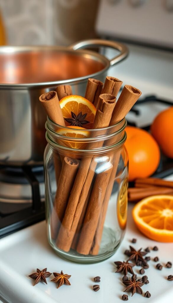 Picture a mason jar filled with cinnamon sticks, dried orange slices, and whole cloves, with a simmering pot on the stovetop releasing a fragrant aroma.