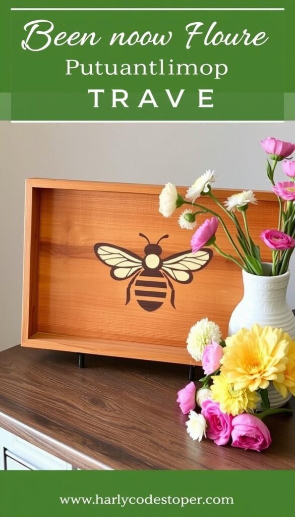 Show a wooden tray with a cute bee design stenciled onto it, surrounded by a few fresh flowers or a vase.