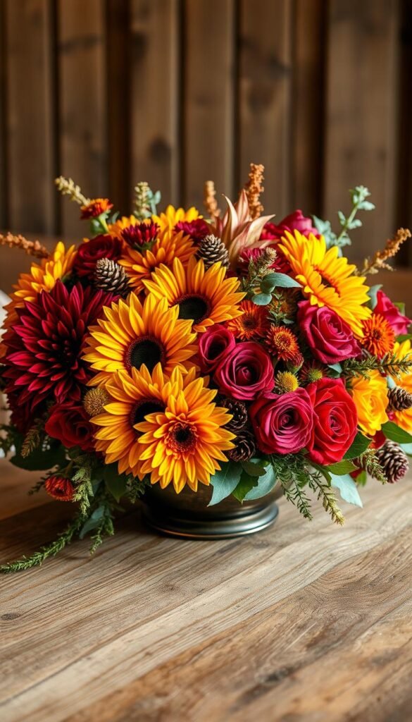 Vivid floral fall centerpiece with lush, vibrant blooms in autumnal hues - crimson dahlias, golden sunflowers, burgundy roses, and vibrant orange marigolds. The arrangement is displayed on a rustic wooden table, with warm lighting casting a soft, cozy glow. Textured elements like pinecones, dried leaves, and eucalyptus add natural, earthy accents. The composition is carefully balanced, with a sense of abundance and abundance. A high-resolution, photorealistic image captured with a shallow depth of field, accentuating the beautiful, detailed textures of the flowers and foliage.